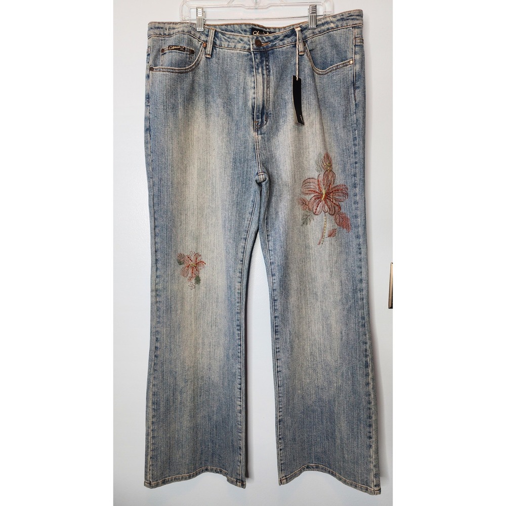 Clash Jeans Wide Leg Women 3XL Blue NWT Embroidered Floral Stretch Denim Pants